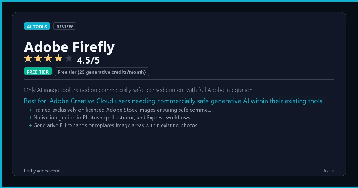 Adobe Firefly review - 4.5/5 rating - Only AI image tool trained on commercially safe licensed content with full Adobe integration