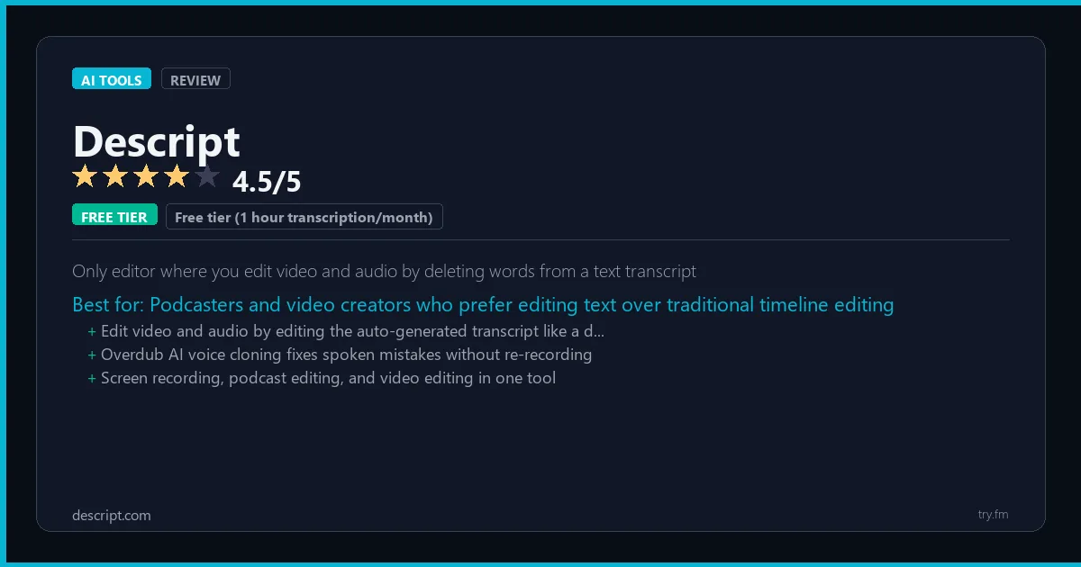 Descript review - 4.5/5 rating - Only editor where you edit video and audio by deleting words from a text transcript