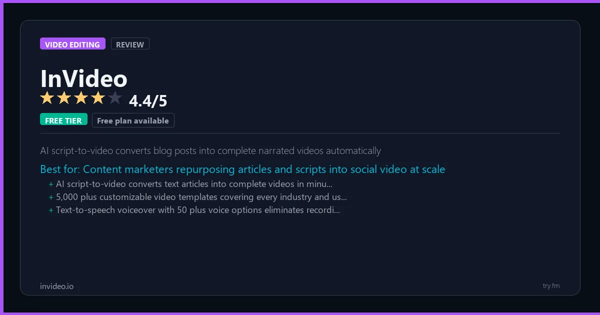 InVideo review - 4.4/5 rating - AI script-to-video converts blog posts into complete narrated videos automatically