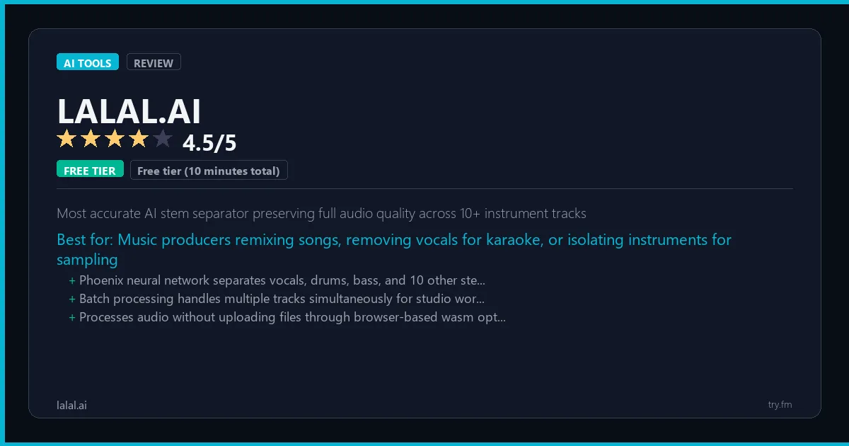 LALAL.AI review - 4.5/5 rating - Most accurate AI stem separator preserving full audio quality across 10+ instrument tracks