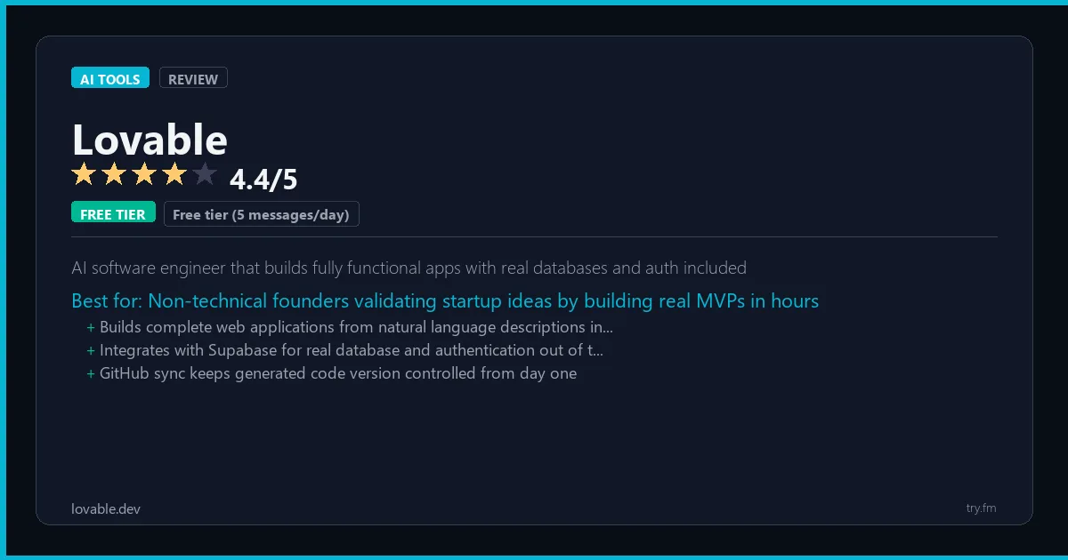 Lovable review - 4.4/5 rating - AI software engineer that builds fully functional apps with real databases and auth included