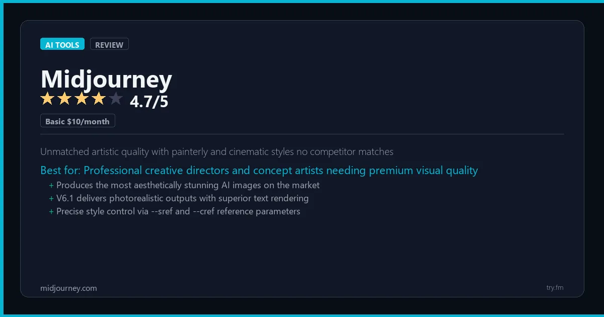 Midjourney review - 4.7/5 rating - Unmatched artistic quality with painterly and cinematic styles no competitor matches
