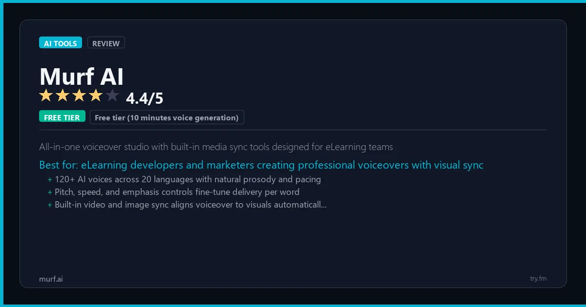 Murf AI review - 4.4/5 rating - All-in-one voiceover studio with built-in media sync tools designed for eLearning teams