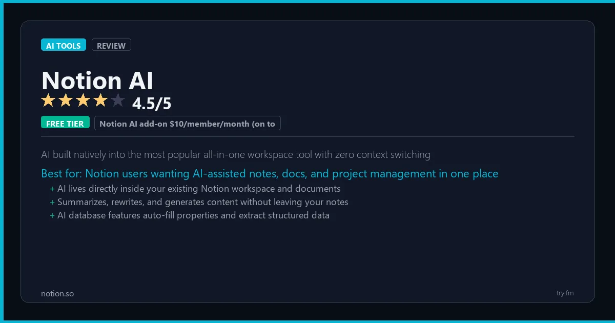 Notion AI review - 4.5/5 rating - AI built natively into the most popular all-in-one workspace tool with zero context switching
