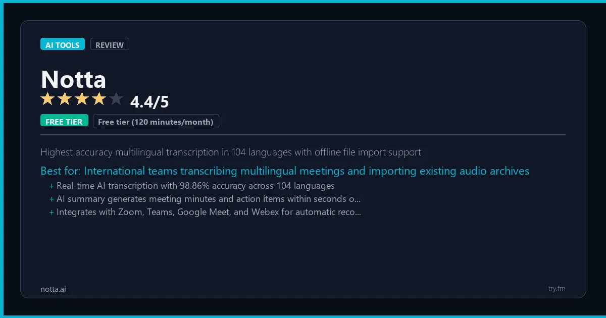 Notta review - 4.4/5 rating - Highest accuracy multilingual transcription in 104 languages with offline file import support