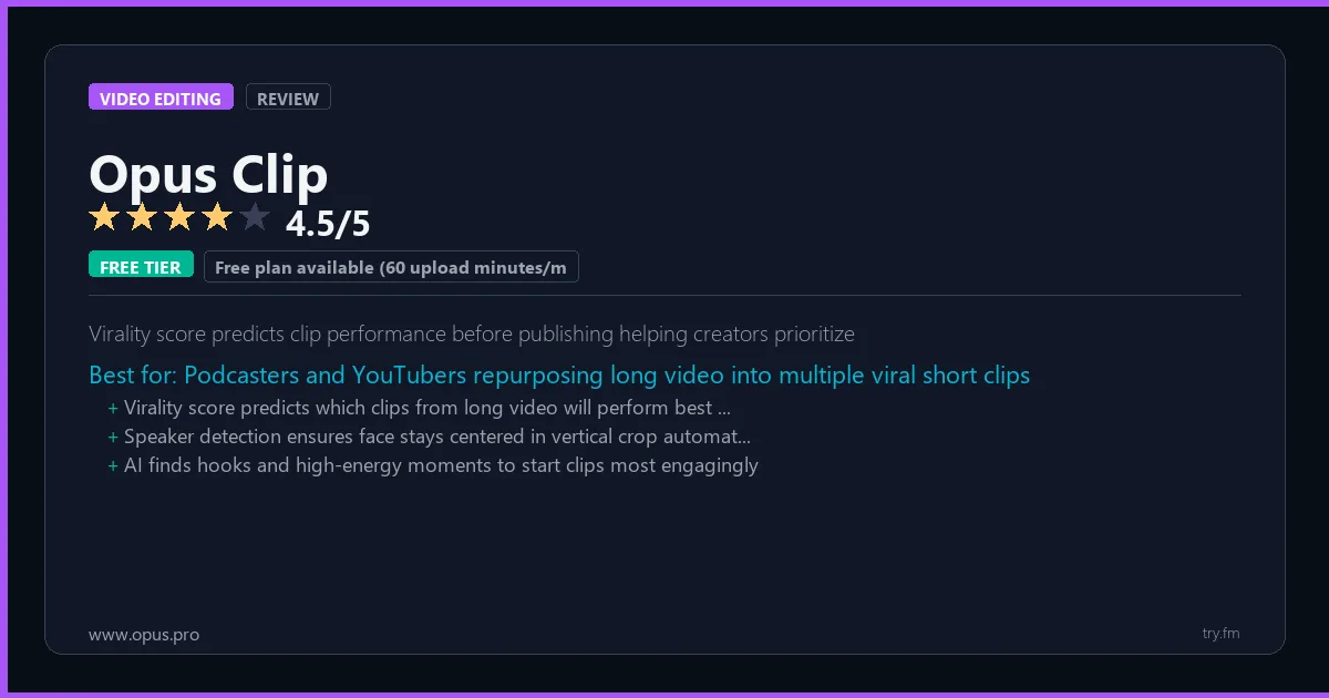 Opus Clip review - 4.5/5 rating - Virality score predicts clip performance before publishing helping creators prioritize