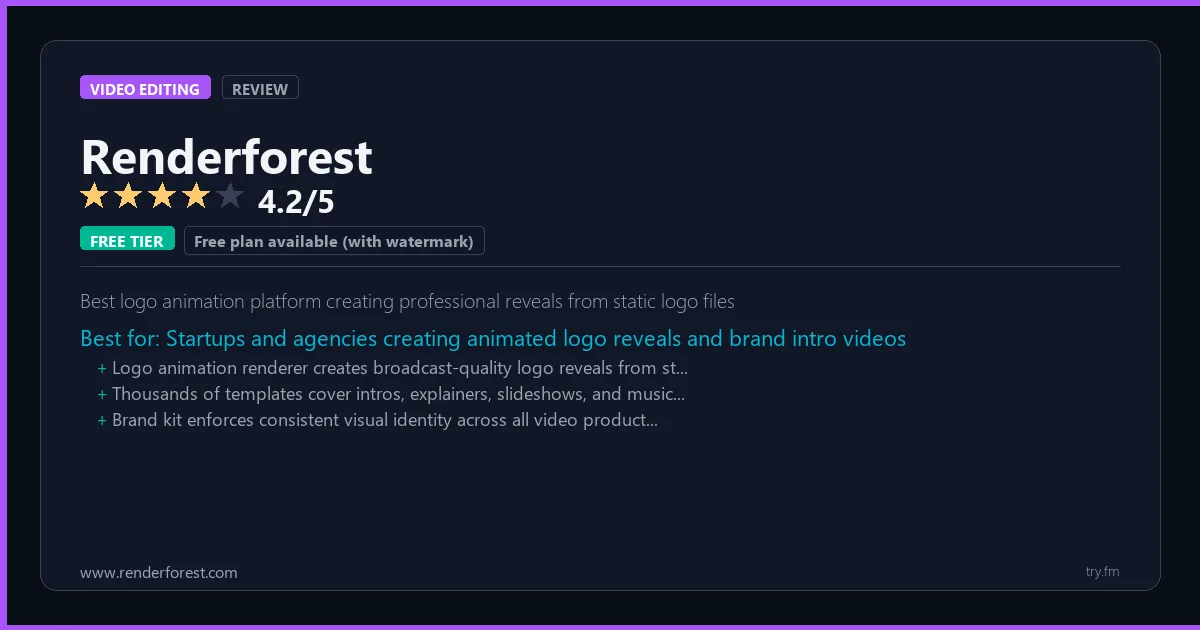 Renderforest review - 4.2/5 rating - Best logo animation platform creating professional reveals from static logo files