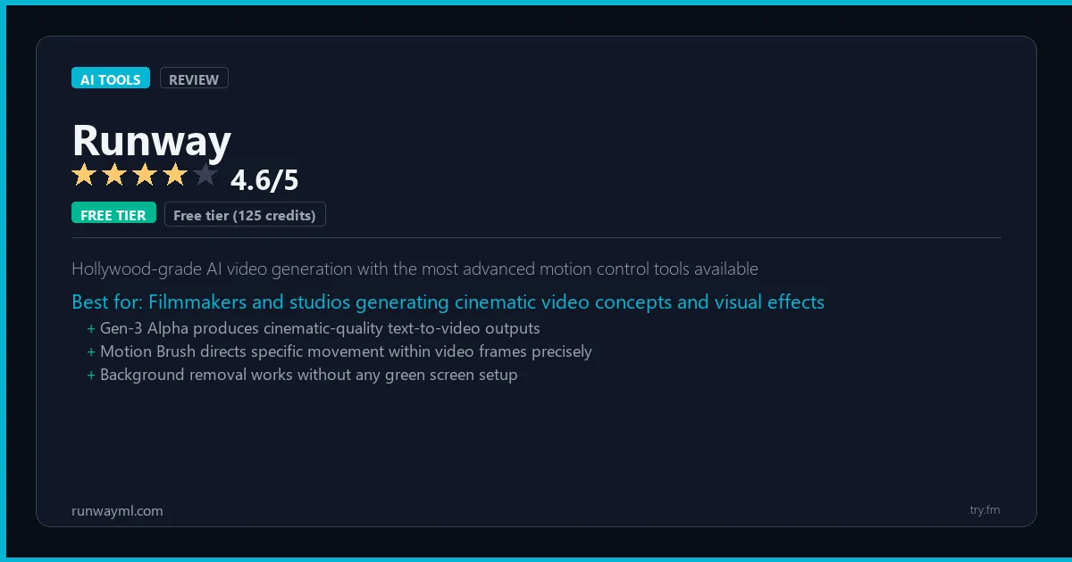 Runway review - 4.6/5 rating - Hollywood-grade AI video generation with the most advanced motion control tools available