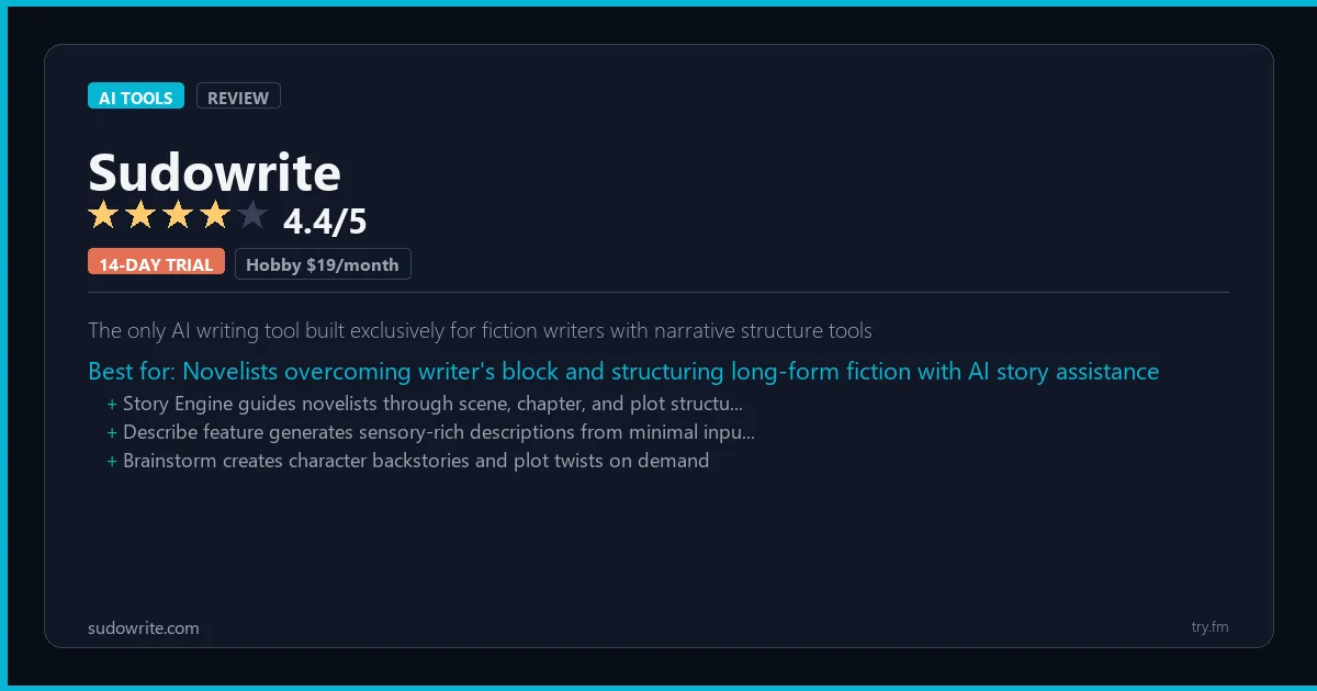 Sudowrite review - 4.4/5 rating - The only AI writing tool built exclusively for fiction writers with narrative structure tools