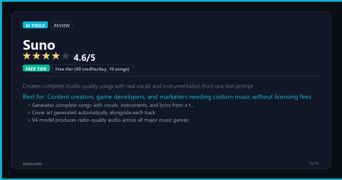 Suno review - 4.6/5 rating - Creates complete studio-quality songs with real vocals and instrumentation from one text prompt