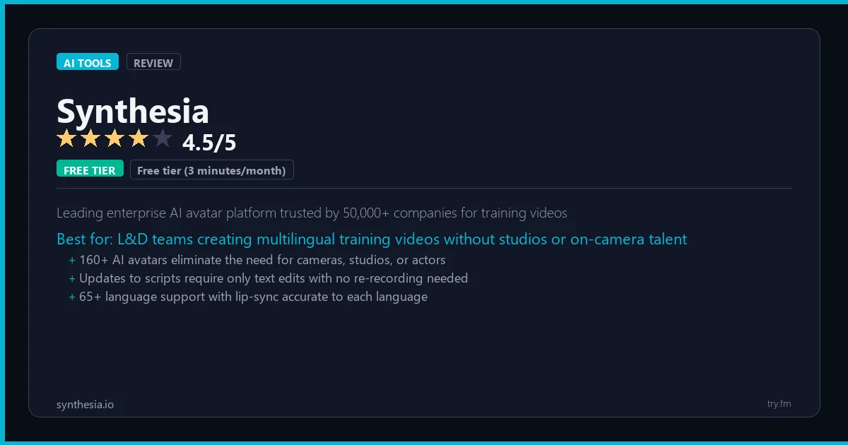 Synthesia review - 4.5/5 rating - Leading enterprise AI avatar platform trusted by 50,000+ companies for training videos