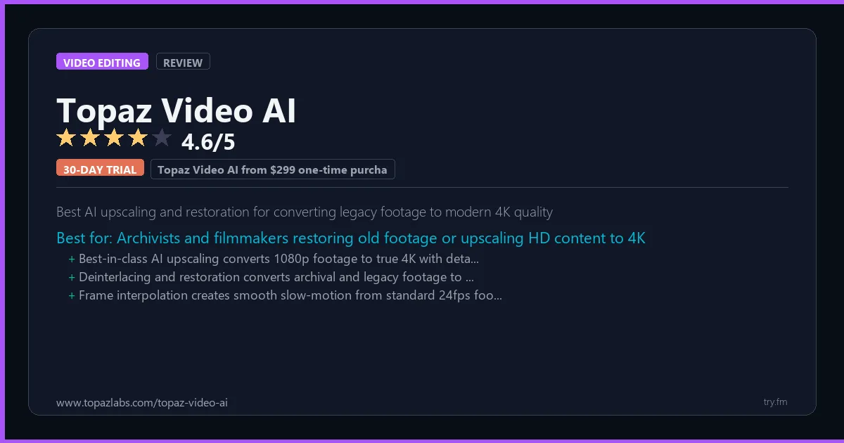 Topaz Video AI review - 4.6/5 rating - Best AI upscaling and restoration for converting legacy footage to modern 4K quality