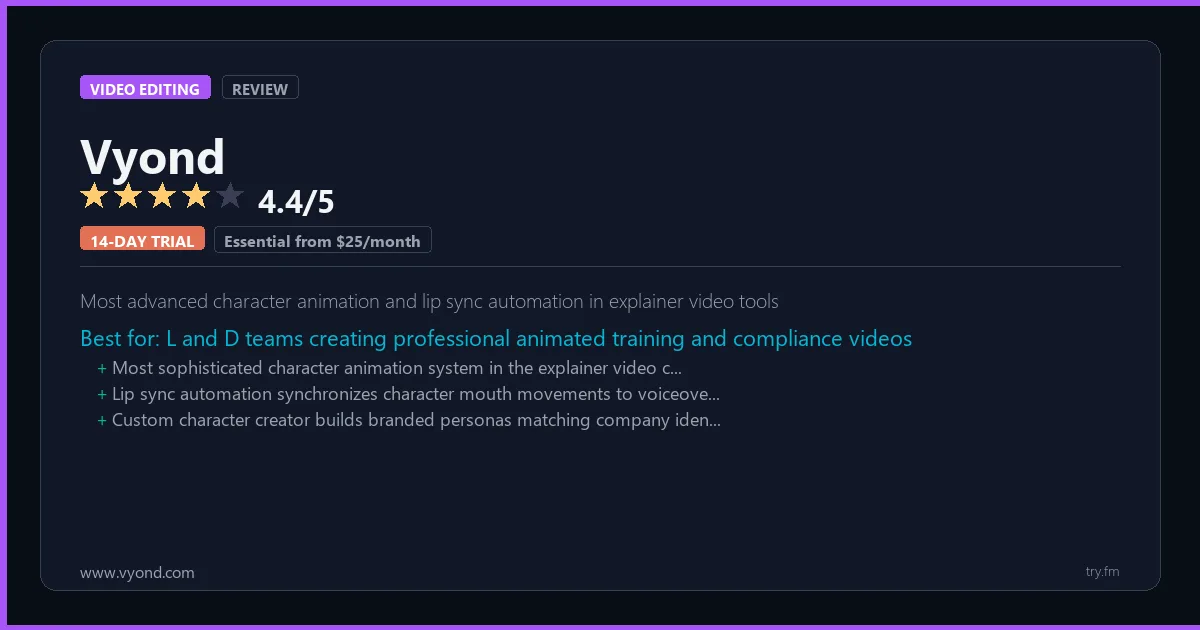 Vyond review - 4.4/5 rating - Most advanced character animation and lip sync automation in explainer video tools