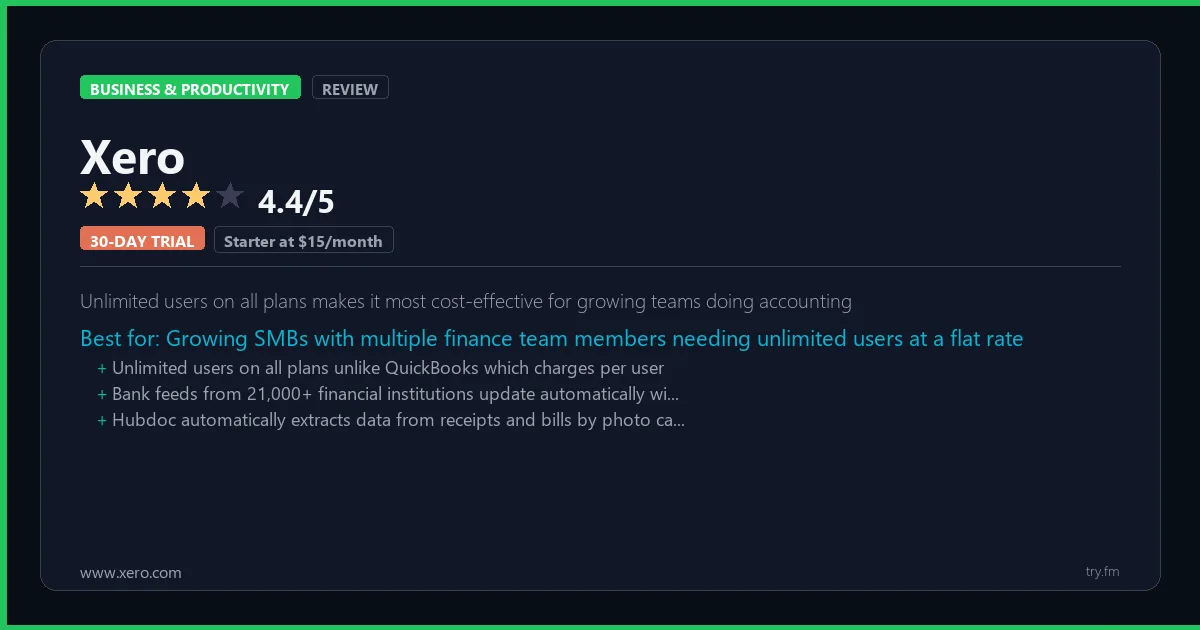 Xero review - 4.4/5 rating - Unlimited users on all plans makes it most cost-effective for growing teams doing accounting